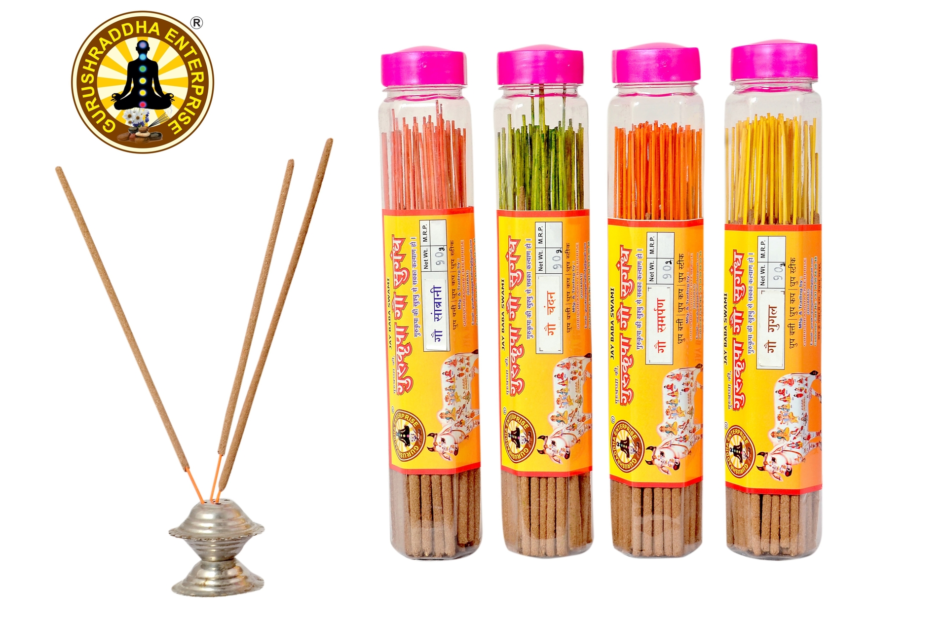 GURUSHRADDHA® Gau Samarpan, Chandan, Gugal, Sambrani, 4 in 1 Cow dung Agarbatti, Natural Ecofriendly Incense sticks Combo. 90gm.*4 Box (360gm)