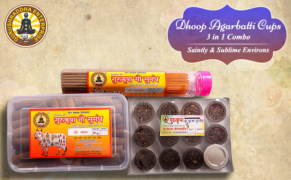 GURUSHRADDHA® Gau Samarpan Agarbatti (90gm.), Gau Chandan Dhoop Sticks (60nos.), Kapur-Gugal Dhoop Cups (12nos.), Natural Cow Dung Products Combo 3 in 1.